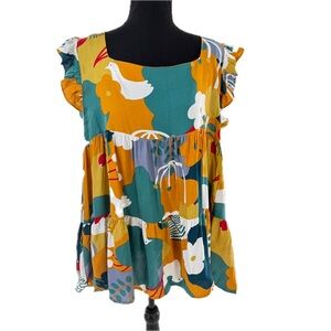 First Love by Lovelyn Colorful Floral Doves Tunic Top Blouse Size Medium